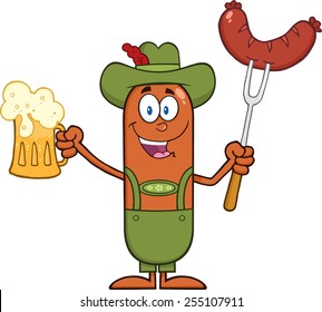 German Oktoberfest Sausage Cartoon Character Holding A Beer And Weenie On A Fork. Vector Illustration Isolated On White