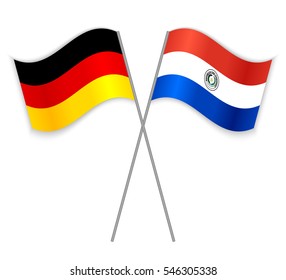 German and Paraguayan crossed flags. Germany combined with Paraguay isolated on white. Language learning, international business or travel concept.