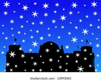 German Parliament building in winter with falling snow illustration