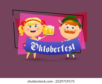 German people holding Oktoberfest banner. Positive waitress with tray and redhead man in green hat. Lettering can be used for invitations, signs, announcements