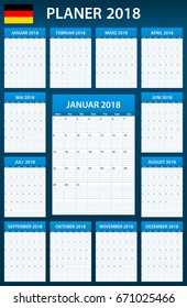 German Planner blank for 2018. Scheduler, agenda or diary template. Week starts on Monday