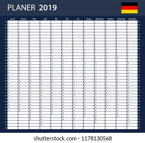 German Planner blank for 2019. Scheduler, agenda or diary template. Week starts on Monday