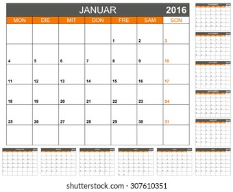 German planning calendar 2016, week starts on Monday, stock vector