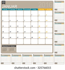 German planning calendar 2016, week starts on Monday, vector illustration