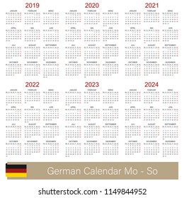 German planning calendar 2019 - 2024, week starts on Monday, simple calendar template for 2019, 2020, 2021, 2022, 2023 and 2024, printable calendar templates, vector illustration
