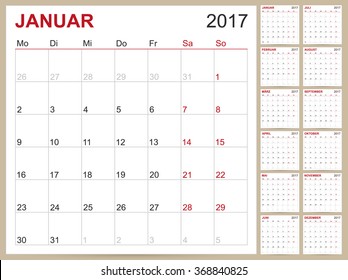 German planning calendar template 2017, set of 12 months, week starts on Monday, vector illustration