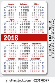 German pocket calendar for 2018, standard size ISO 7810 ID-1, vector template