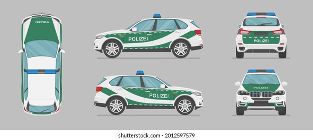 German police car. Side view, front view, back view, top view. Cartoon flat illustration, auto for graphic and web. Translation: police