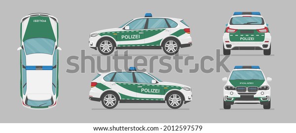 German police car. Side view, front view, back\
view, top view. Cartoon flat illustration, auto for graphic and\
web. Translation:\
police