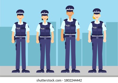 German Police officers standing characters model wardrobe with a happy expression