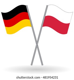 German and Polish crossed flags. Germany combined with Poland isolated on white. Language learning, international business or travel concept.