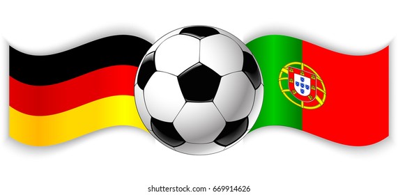German and Portuguese wavy flags with football ball. Germany combined with Portugal isolated on white. Football match or international sport competition concept.