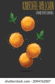 Kartoffelbällchen - Bolas de patatas alemanas. Croquetas de patata - bolas de puré de patatas con pan y fritas. Ilustración del vector