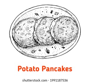 German potato pancakes hand drawn vector illustration. German food top view. Vintage design element. Sketch illustration