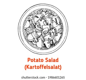 German Potato Salad Hand Drawn Vector Illustration. Kartoffelsalat Top View. Vintage Design Element. Sketch Illustration.