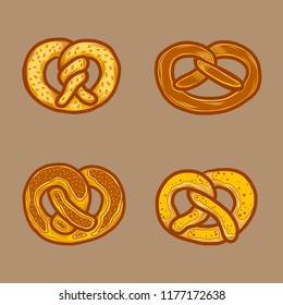 German pretzel icon set. Hand drawn set of german pretzel vector icons for web design