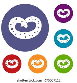 German pretzel icons set in flat circle reb, blue and green color for web