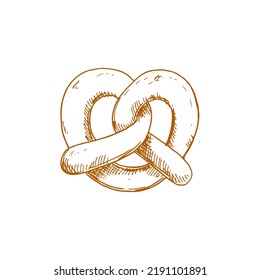 German pretzel isolated monochrome sketch. Vector bakery food, pastry product, salty snack