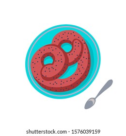 German pretzel on plate cartoon vector illustration isolated on a white background. Soft and crispy pretzel, traditional Oktoberfest food.
