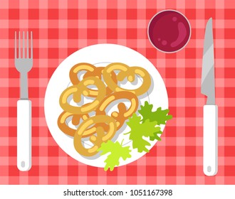 German pretzels on pretty checkered tablecloth, vector illustration, tasty red ketchup, knife and fork utensil, parsley bunch, round bake pretzels