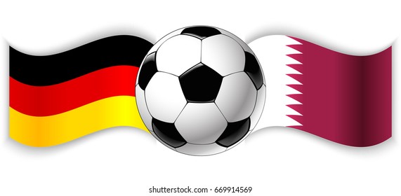 German and Qatari wavy flags with football ball. Germany combined with Qatar isolated on white. Football match or international sport competition concept.
