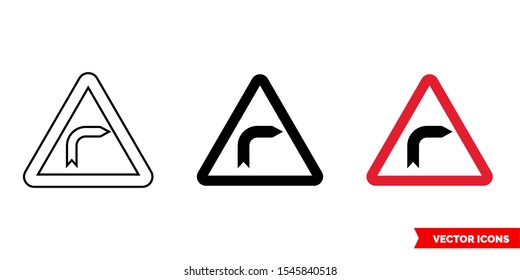 German road sign dangerous curve to the right icon of 3 types: color, black and white, outline. Isolated vector sign symbol.