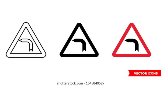 German road sign dangerous curve to the left icon of 3 types: color, black and white, outline. Isolated vector sign symbol.