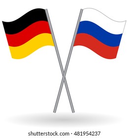 German and Russian crossed flags. Germany combined with Russia isolated on white. Language learning, international business or travel concept.