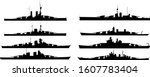 German and Russian (Soviet) military battleships. Artillery armored vehicles. Dreadnought. Isolated black vector graphic elements on transparent/white background. Set.
