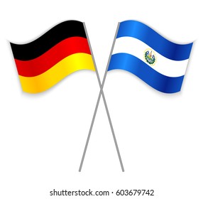 German and Salvadoran crossed flags. Germany combined with El Salvador isolated on white. Language learning, international business or travel concept.