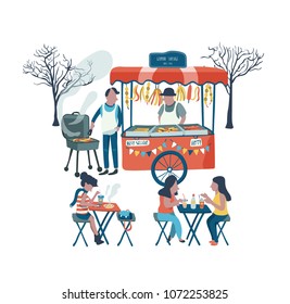 The German sausage food stall selling at the market fair or flea market, all in colorful doodle cartoon flat design, illustration, vector, on white background