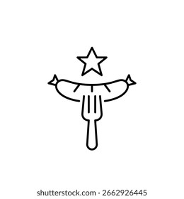 Salchicha alemana en tenedor y estrella. Mejor calificado parrilla y bar. Icono de Vector de trazo perfecto y editable