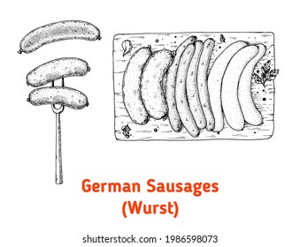 German sausages wurst hand drawn vector illustration. Sausages top view. Vintage design element. German Food sketch illustration.