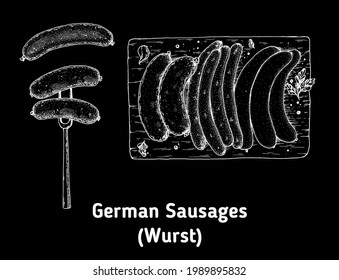 German sausages wurst hand drawn vector illustration. Sausages top view. Vintage design element. German Food sketch illustration.