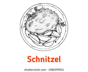 German schnitzel hand drawn vector illustration. Schnitzel top view. Vintage design element. German Food sketch illustration. svg