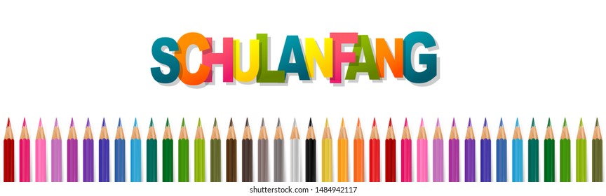 German Schulanfang meaning Back to school celebration design. Banner or website header with coloring pencils. Realistic vector illustration.