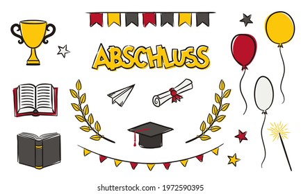 German Set of casually hand drawn graduation elements. Isolated doodle icons. Master's cap, scroll, balloons, laurel. School Vector illustration for posters, cards, banners. Translation: graduation