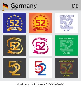 German set of number fifty-two years (52 years) celebration design. Anniversary vector number template elements for your birthday party
