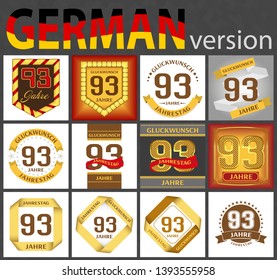German set of number ninety-three years (93 years) celebration design. Anniversary number template elements for your birthday party. Translated from the German - congratulation, years, anniversary
