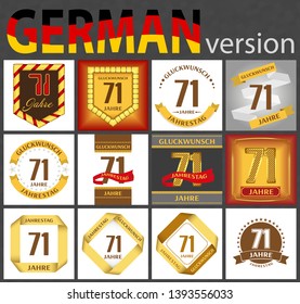 German set of number seventy-one years (71 years) celebration design. Anniversary number template elements for your birthday party. Translated from the German - congratulation, years, anniversary