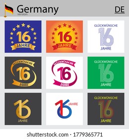 German set of number sixteen years (16 years) celebration design. Anniversary vector number template elements for your birthday party