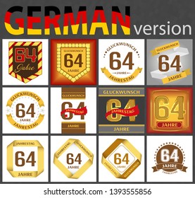 German set of number sixty-four years (64 years) celebration design. Anniversary number template elements for your birthday party. Translated from the German - congratulation, years, anniversary