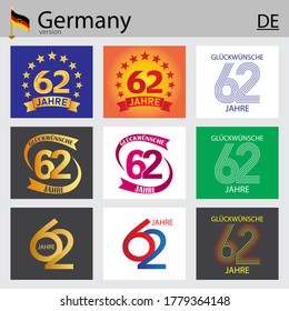 German set of number sixty-two years (62 years) celebration design. Anniversary vector number template elements for your birthday party