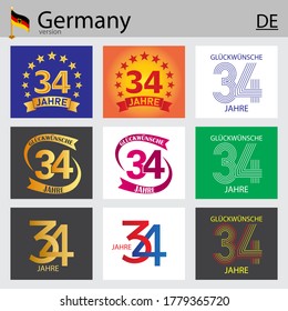 German set of number thirty-four years (34 years) celebration design. Anniversary vector number template elements for your birthday party