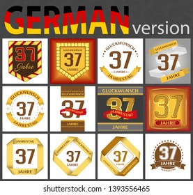German set of number thirty-seven years (37 years) celebration design. Anniversary number template elements for your birthday party. Translated from the German - congratulation, years, anniversary