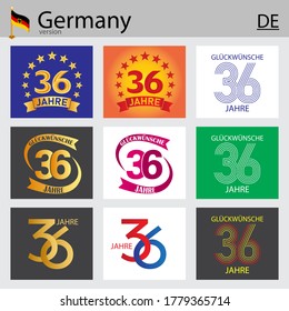 German set of number thirty-six years (36 years) celebration design. Anniversary vector number template elements for your birthday party