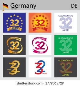 Deutscher Satz von Nummer 32-2 Jahre (32 Jahre) Feierlichkeiten Design. Jubiläumsvektor-Zahlenvorlagen für Ihre Geburtstagsfeier