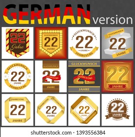 German set of number twenty-two years (22 years) celebration design. Anniversary number template elements for your birthday party. Translated from the German - congratulation, years, anniversary