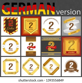 German set of number two years (2 years) celebration design. Anniversary number template elements for your birthday party. Translated from the German - congratulation, years, anniversary