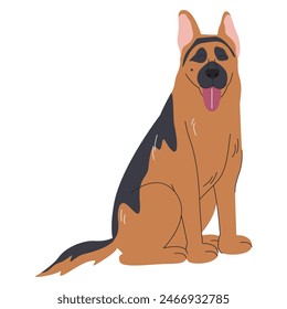 German sheepdog in sitting pose. Happy sheepdog with tongue out. Dog silhouette colored design. Brown and black long-haired domestic animal. Pet hand drawn flat vector illustration isolated on white